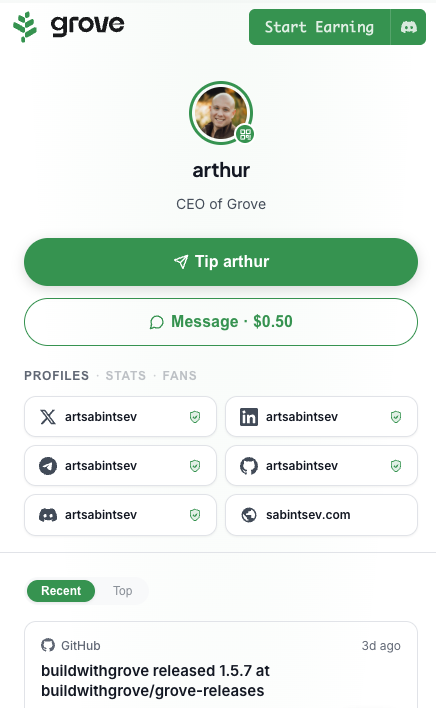 Grove creator profile page
